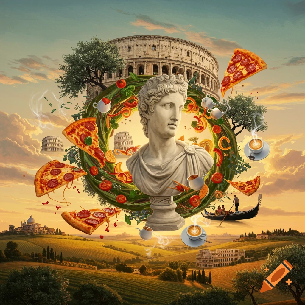 Surreal Italian scene with a marble bust, floating pizza, coffee, a gondola, and the Colosseum over Tuscan hills at sunset.