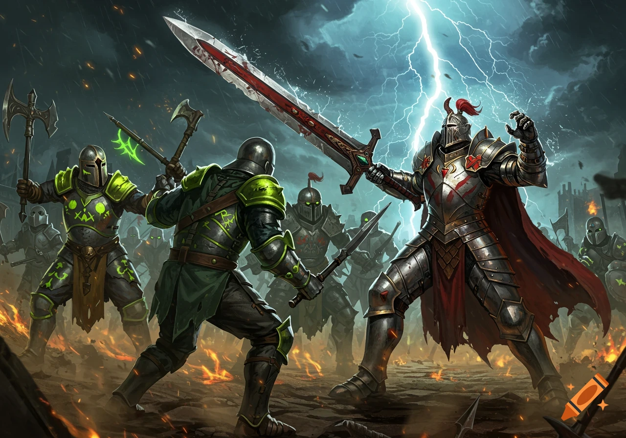 Fantasy battle scene with heavily armored knights clashing under a lightning storm, one knight wielding a large sword.