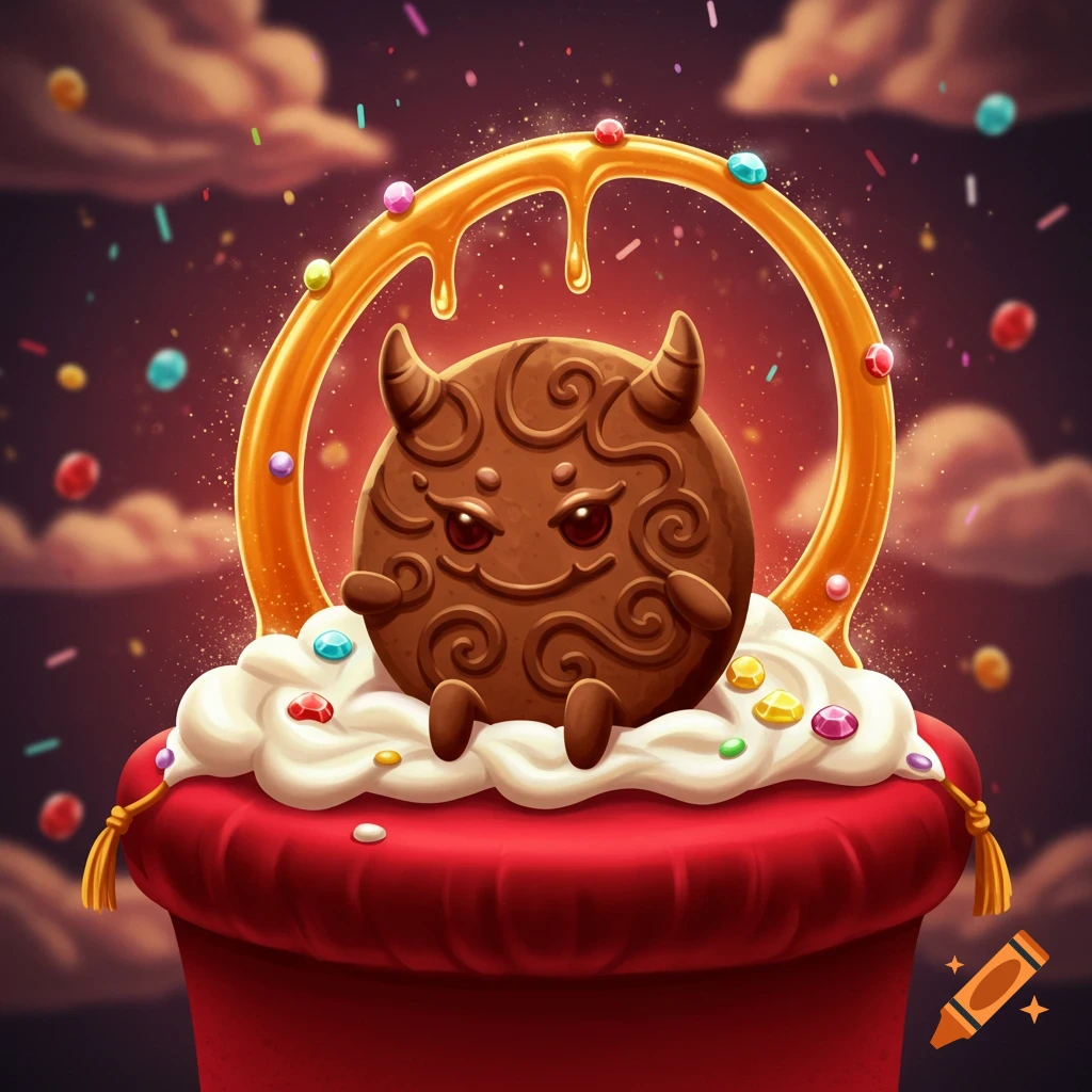 Cartoon illustration of a cute devil cookie character in a red cup with frosting, sprinkles, and a golden arch.