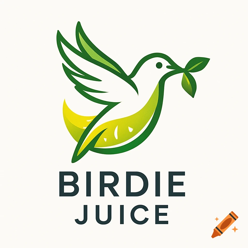 A minimalist logo of a white bird with green wings, its body forming a yellow-green lemon, holding a green leaf. Below it, the text "BIRDIE JUICE" is displayed.