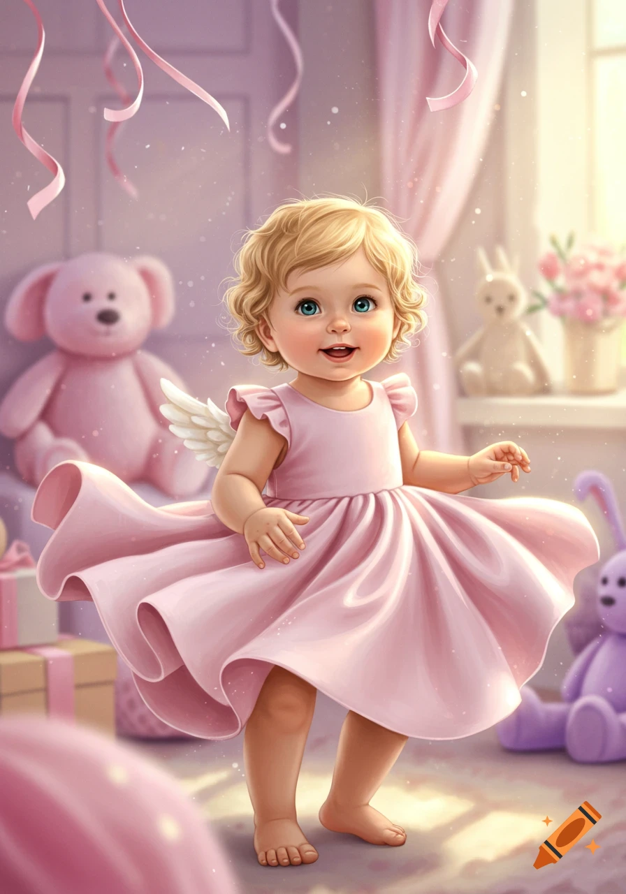 A smiling cartoon baby girl with blonde curls and blue eyes wears a pink dress and small wings, surrounded by gifts, ribbons, and plush toys.