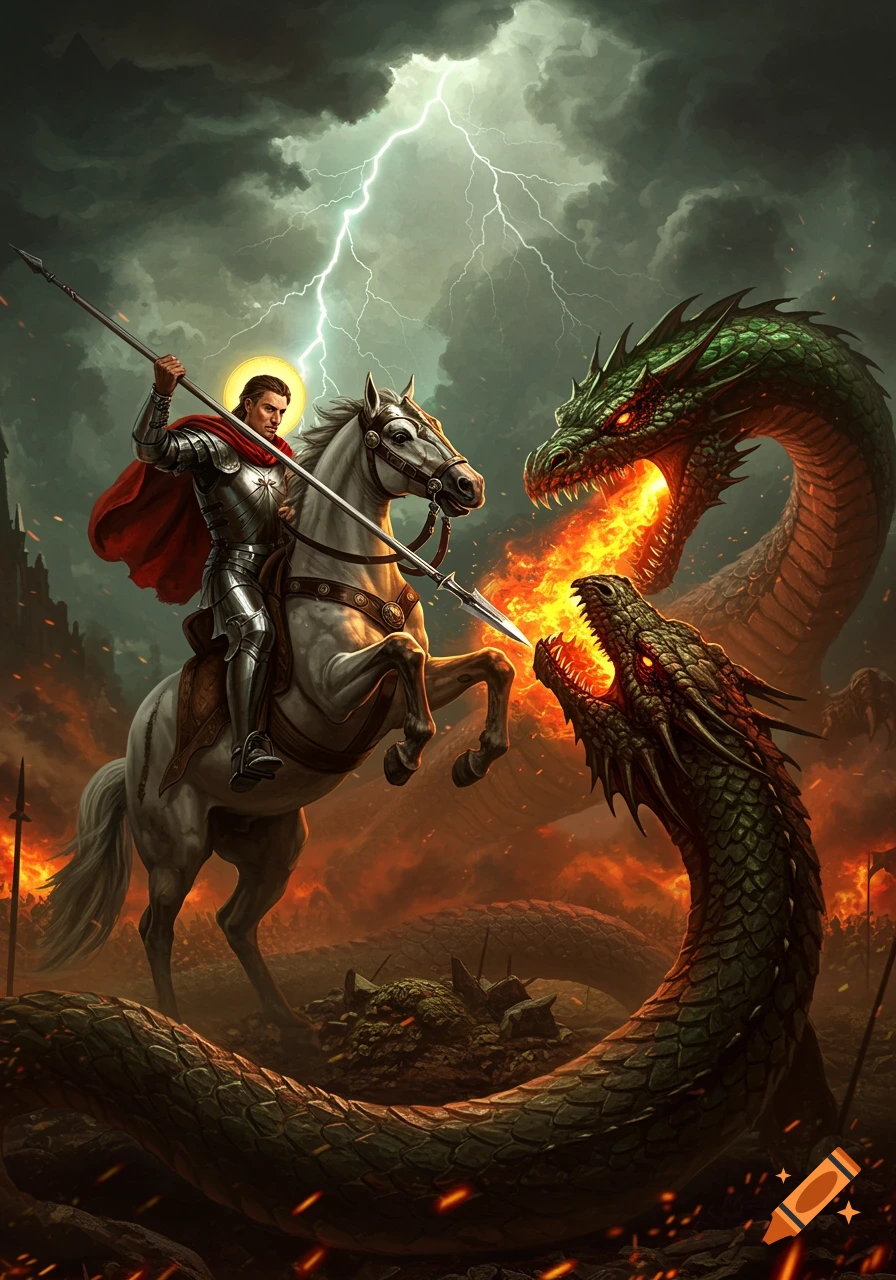 St. George on a white horse battles two fire-breathing dragons under a lightning-filled stormy sky in a fiery landscape.