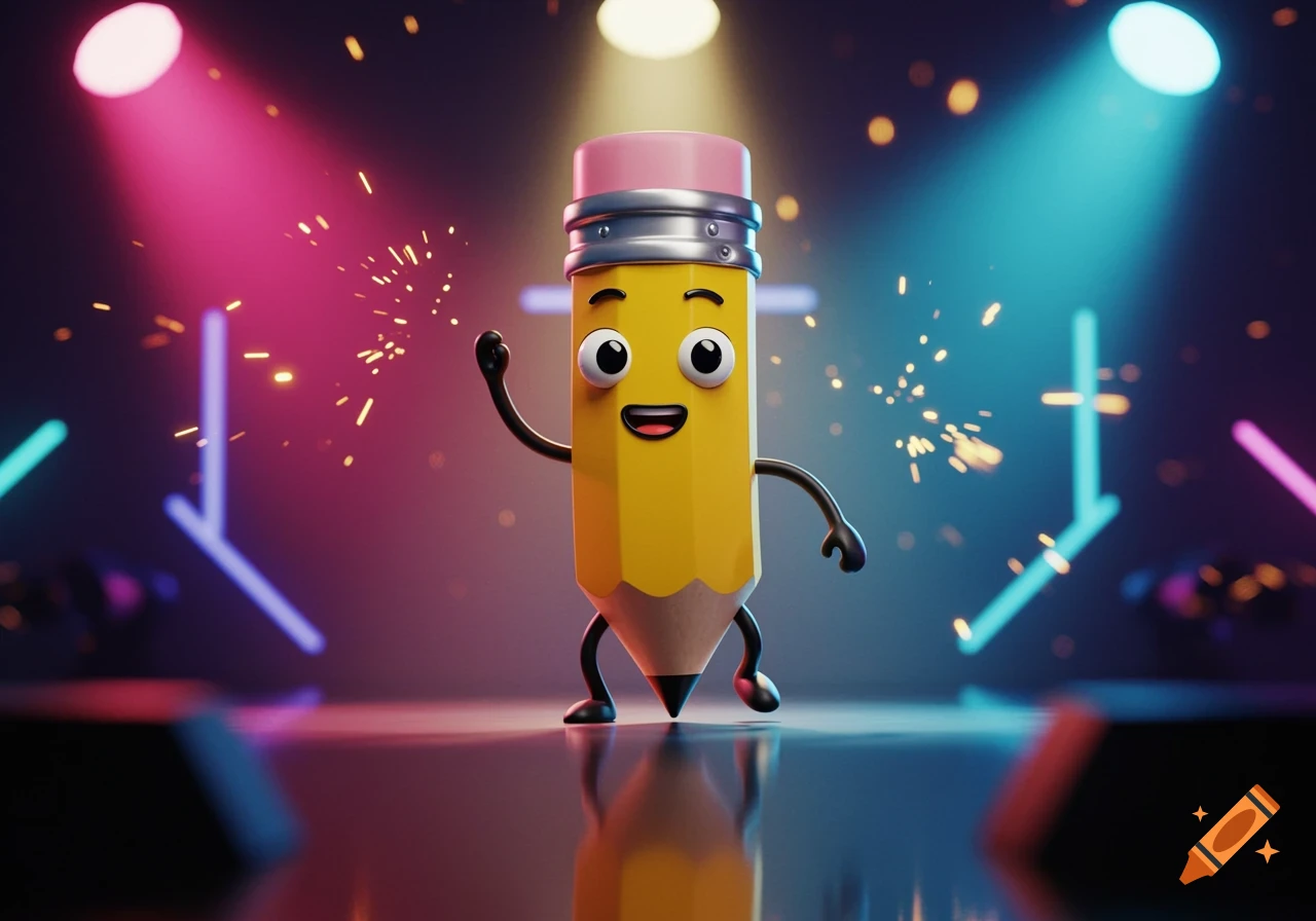 A happy 3D animated cartoon pencil character waving on a stage with colorful spotlights and glowing particles.