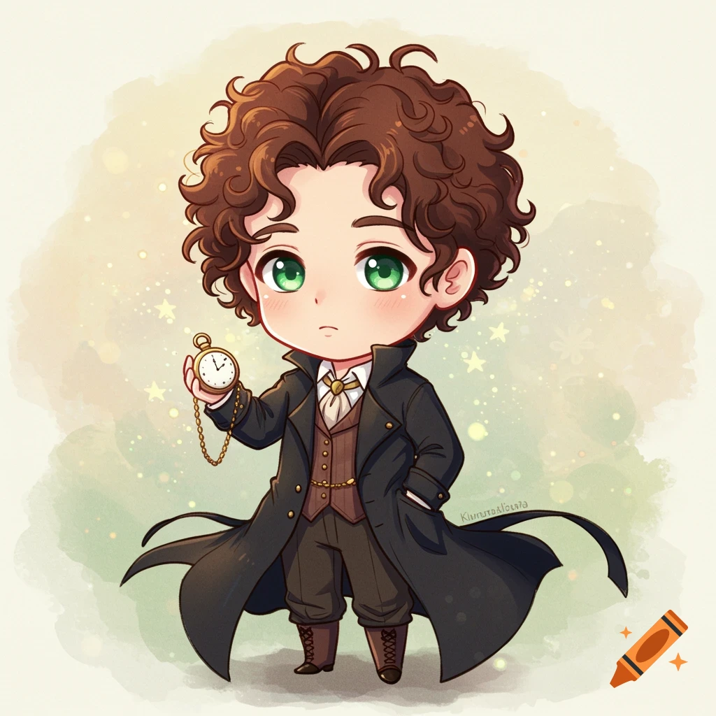 A chibi anime man with curly brown hair and green eyes, wearing a dark coat and brown waistcoat, holding a pocketwatch.