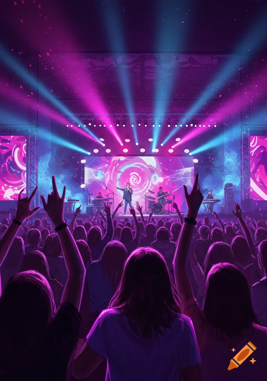 Vibrant digital illustration of a concert with a performer on stage and a large crowd with raised hands, illuminated by pink and blue lights.