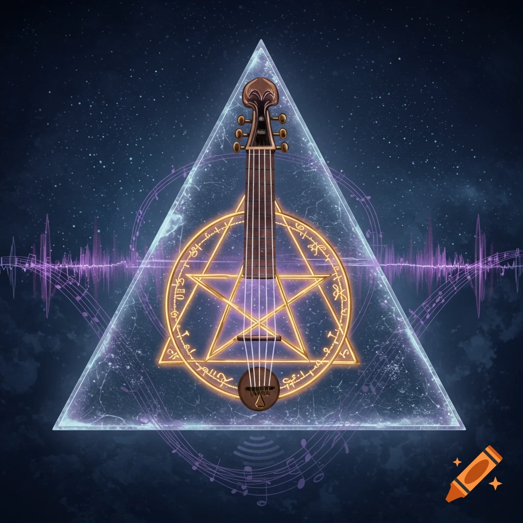 An abstract image featuring a string instrument with a violin-like headstock and fretboard, set within a glowing golden pentagram inside a transparent blue triangle. Sound waves and musical notes emanate from the instrument against a dark starry background.