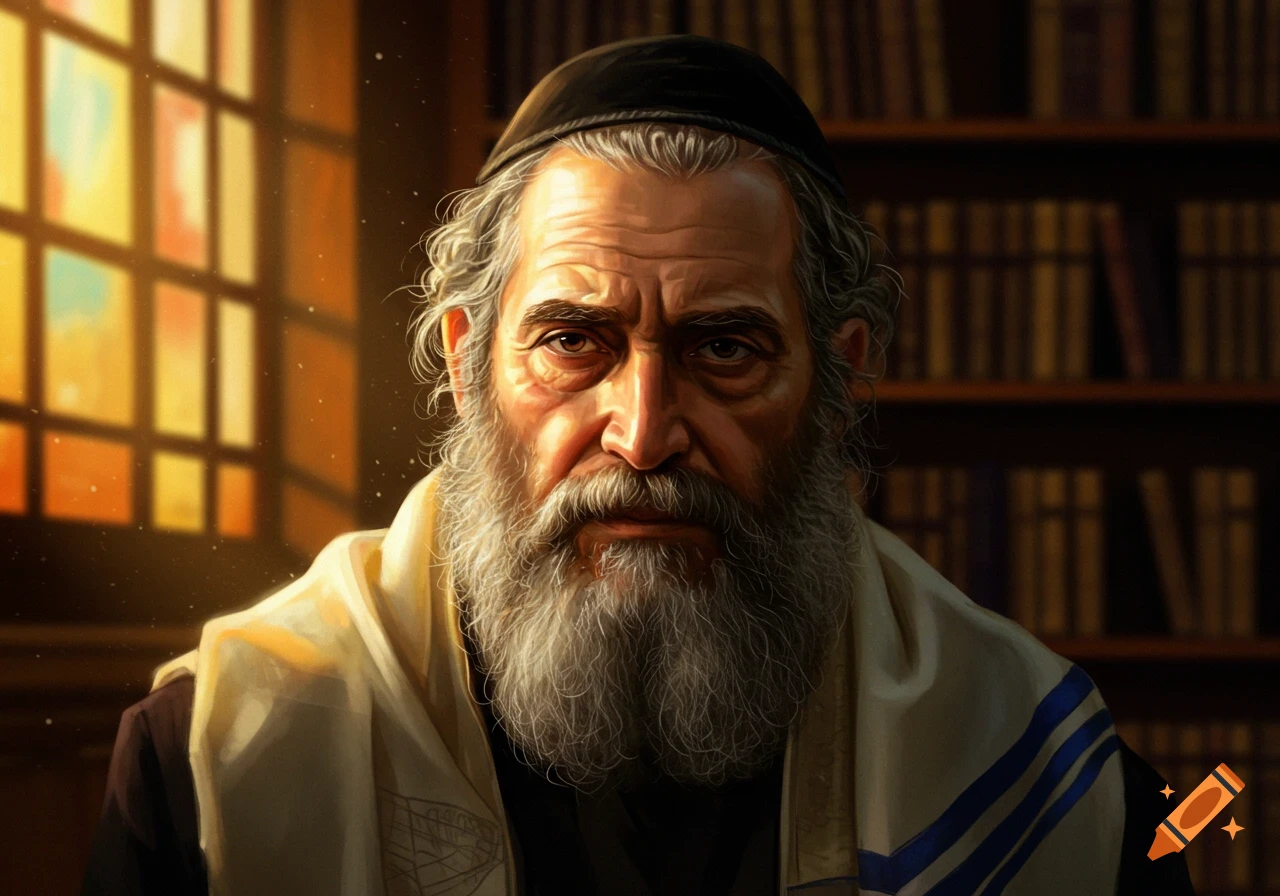 A portrait of an elderly bearded Jewish man wearing a tallit and kippah, looking directly at the viewer. He is in a warm, lit room with a window and bookshelves.