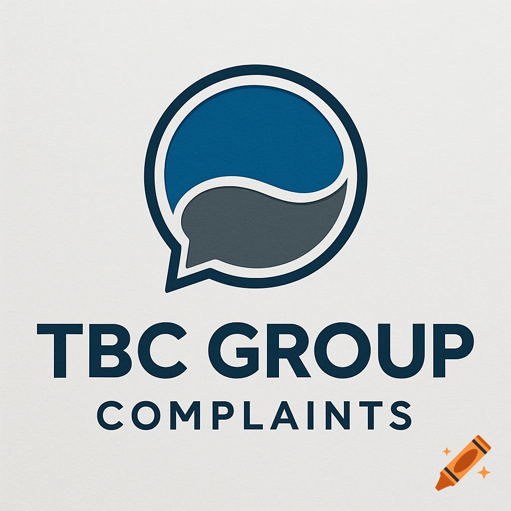 A modern logo with a blue and dark grey speech bubble icon above the text 'TBC GROUP COMPLAINTS' on a light textured background.
