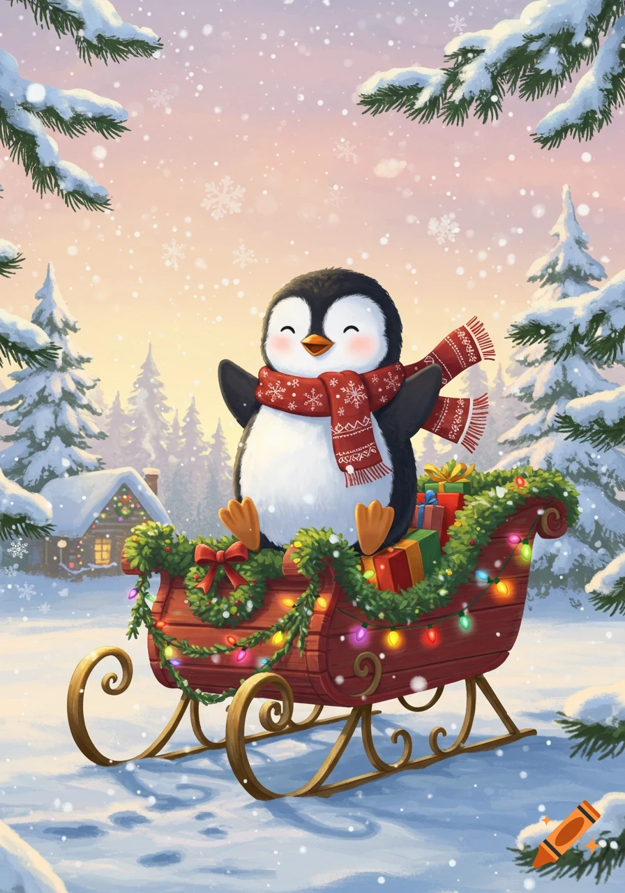 A cute cartoon penguin wearing a red scarf sits in a festive sleigh in a snowy winter wonderland.