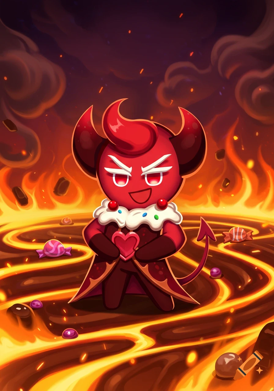 A cute red devil cookie character with horns stands in a swirling lava-like pool surrounded by flames, holding a pink heart. Candies are scattered around.