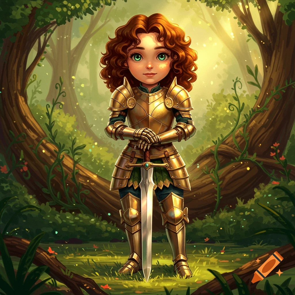A cute, curly-haired female warrior in golden armor holding a sword in a magical forest, stylized cartoon art.