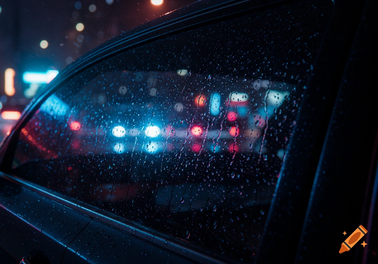Raindrops cover a car window at night, with blurred city lights and neon signs visible outside.