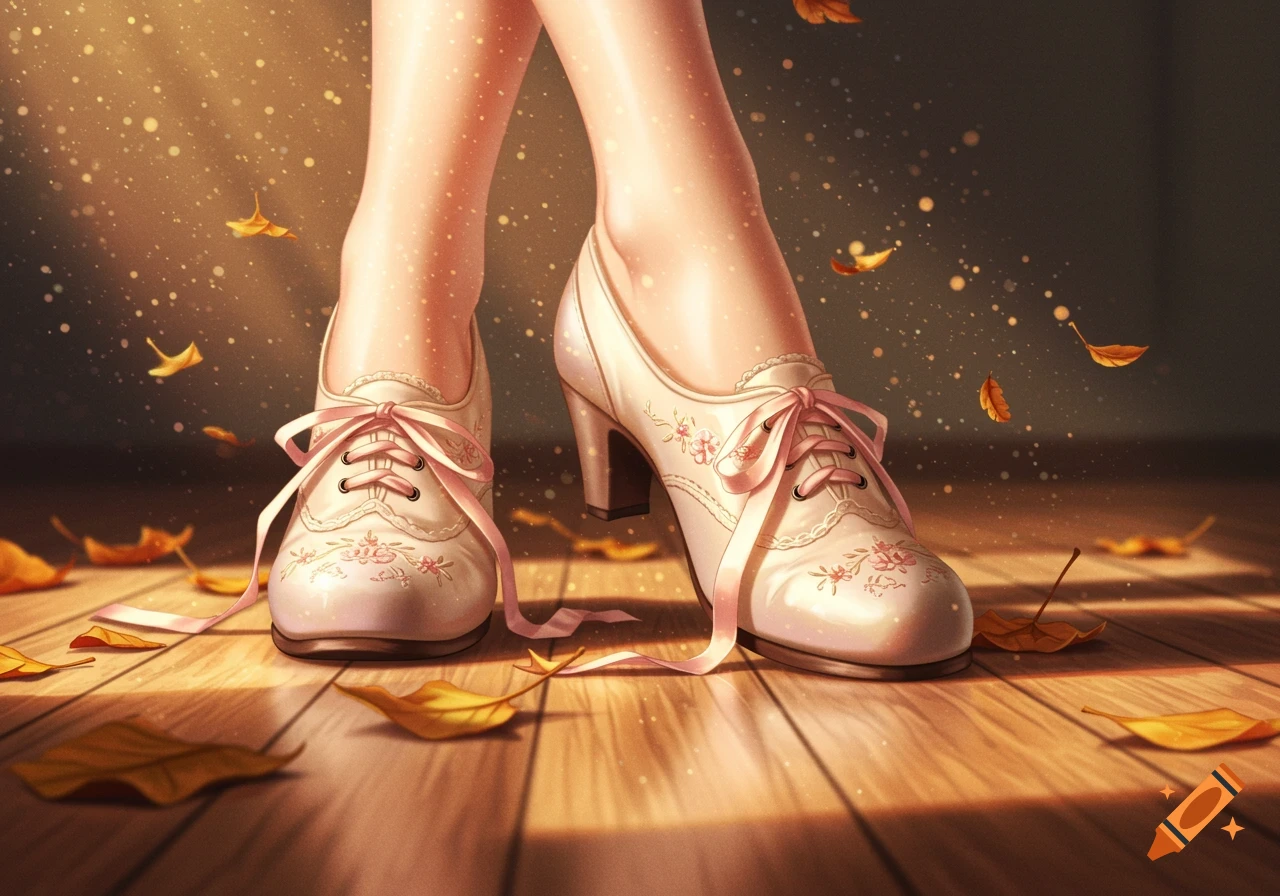 Illustrated feet in ornate white low-heeled shoes with pink laces standing on a wooden floor with autumn leaves.