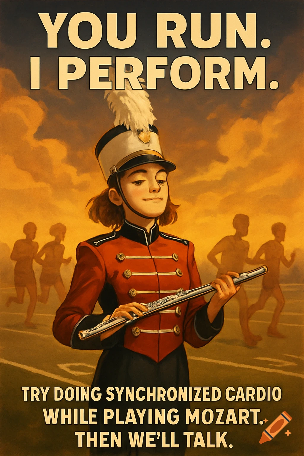 A confident girl in a marching band uniform holds a flute on a football field. Text reads 'You run. I perform. Try doing synchronized cardio while playing Mozart. Then we'll talk.'