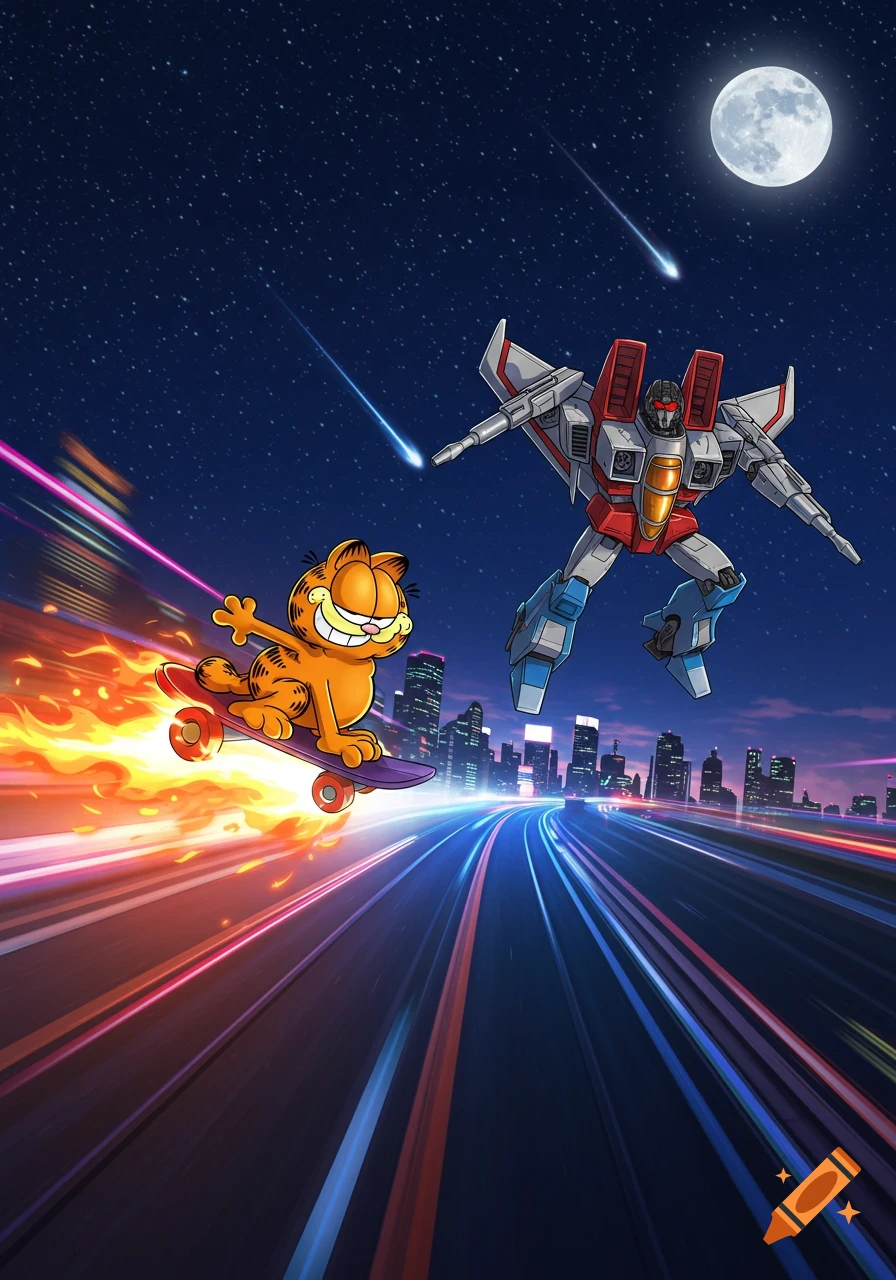 Garfield on a flaming skateboard races Starscream flying above a futuristic highway at night under a full moon and meteors, cartoon style.