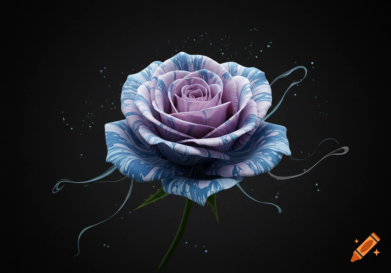 A single rose with marbled blue and purple petals and a green stem on a dark background.