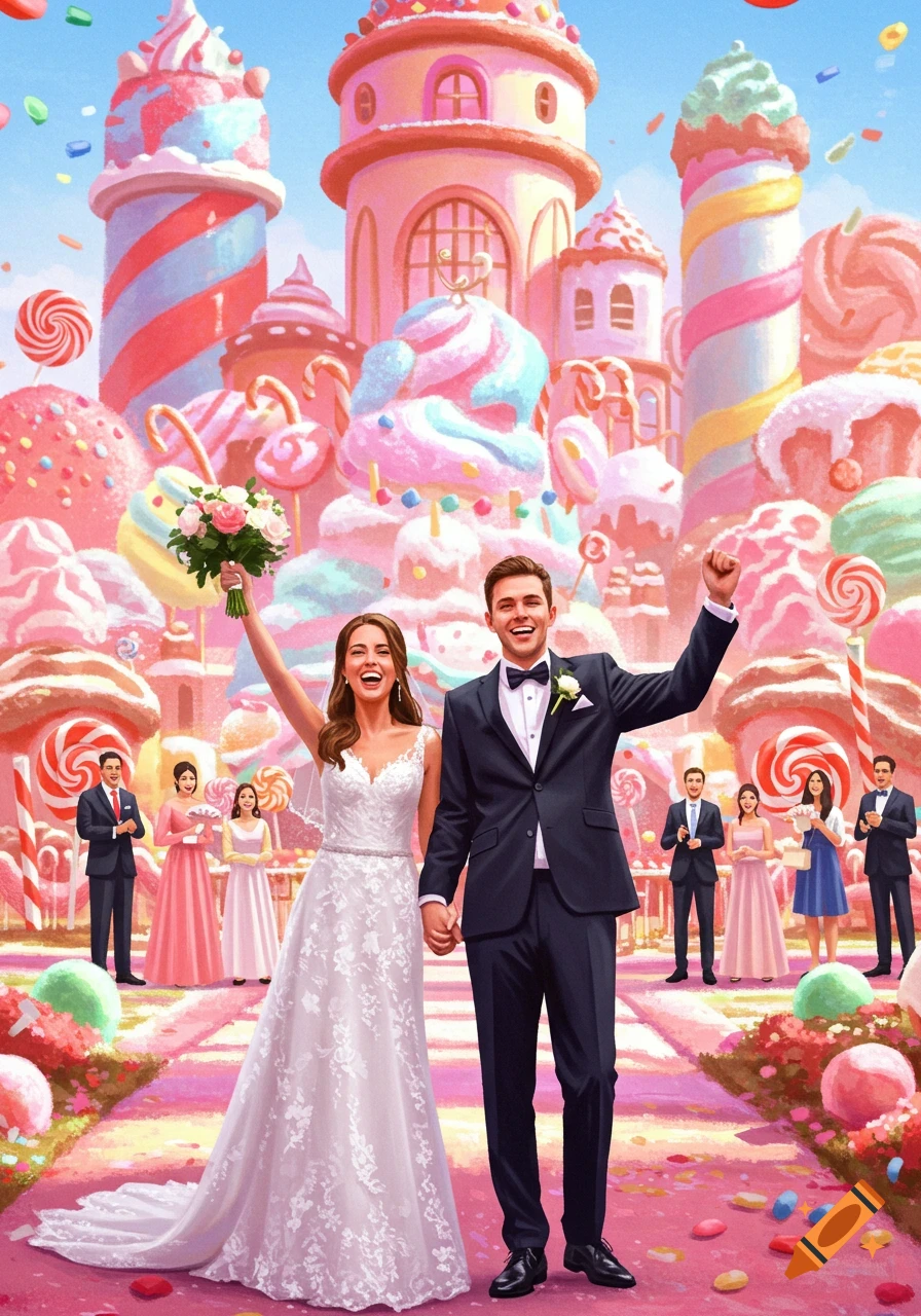 A happy bride and groom celebrate their wedding in a whimsical candy-land surrounded by colorful sweets and guests.