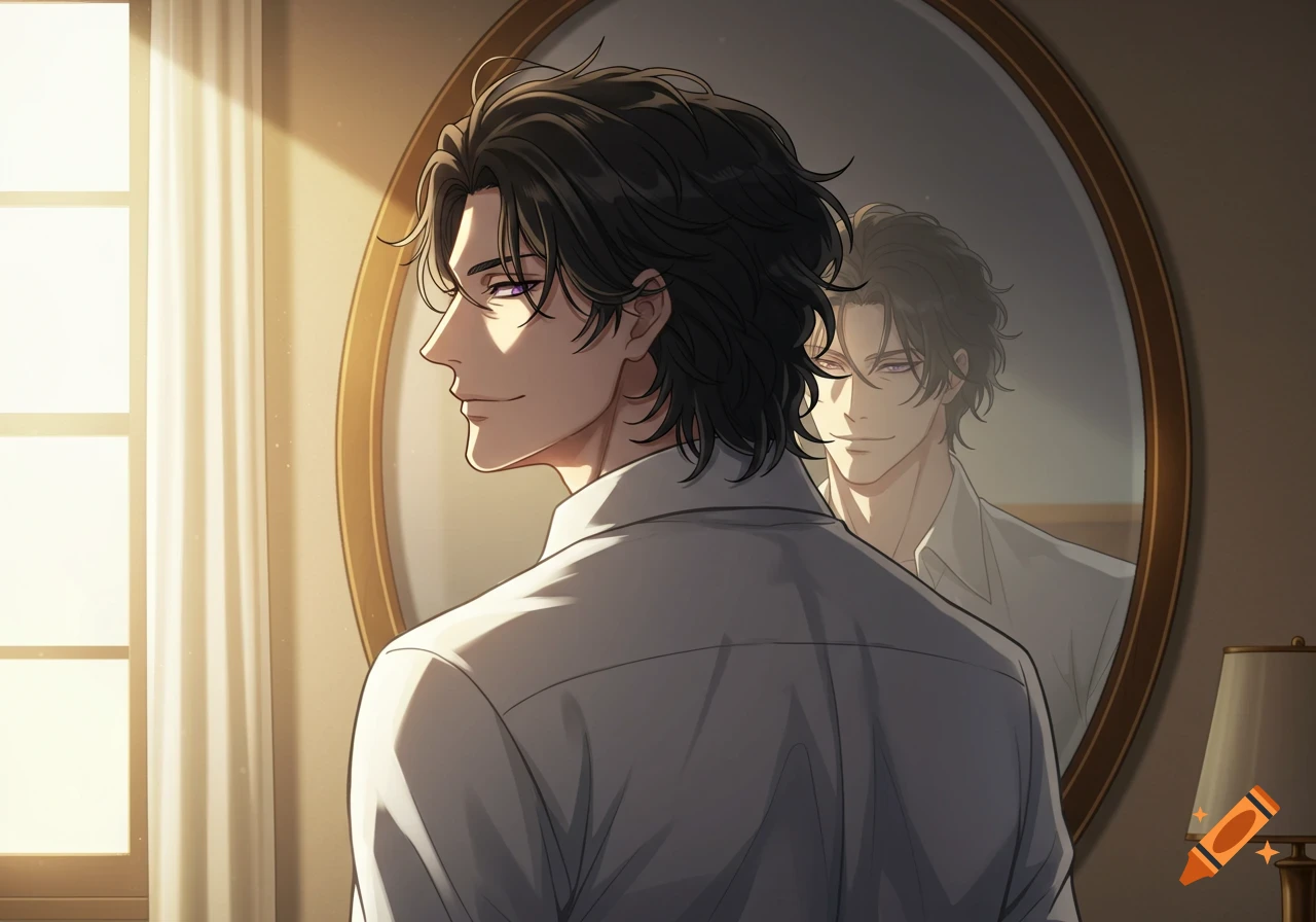 Anime style illustration of a man with dark, wavy hair looking at his smirking reflection in an oval mirror, backlit by sunlight.