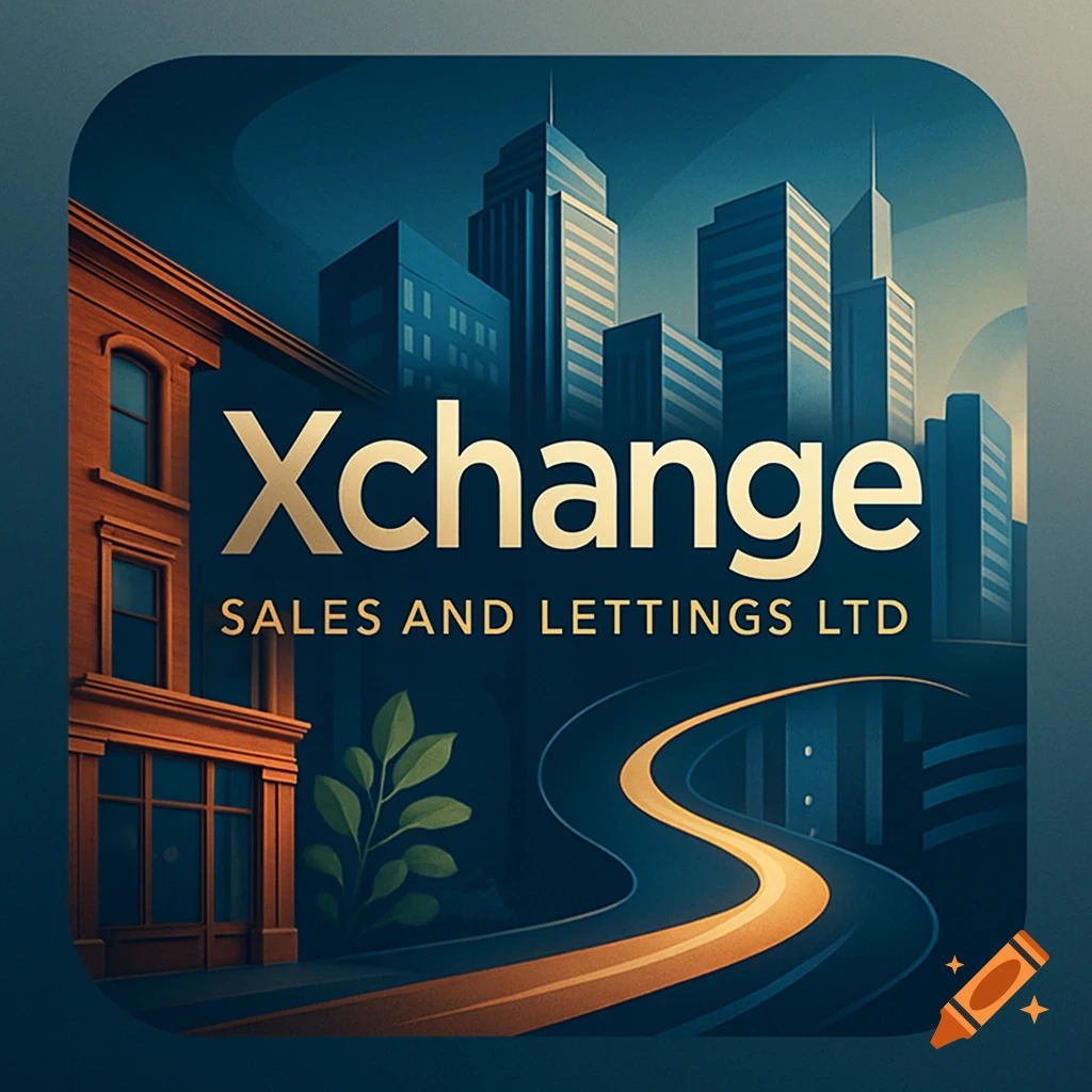 A stylized logo or app icon featuring a dark blue city skyline, an orange building, a golden winding road, and the text 'Xchange SALES AND LETTINGS LTD'.