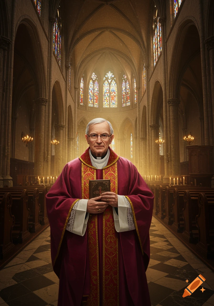 An elderly Catholic priest in a purple robe holds a book in a grand cathedral with stained glass windows.