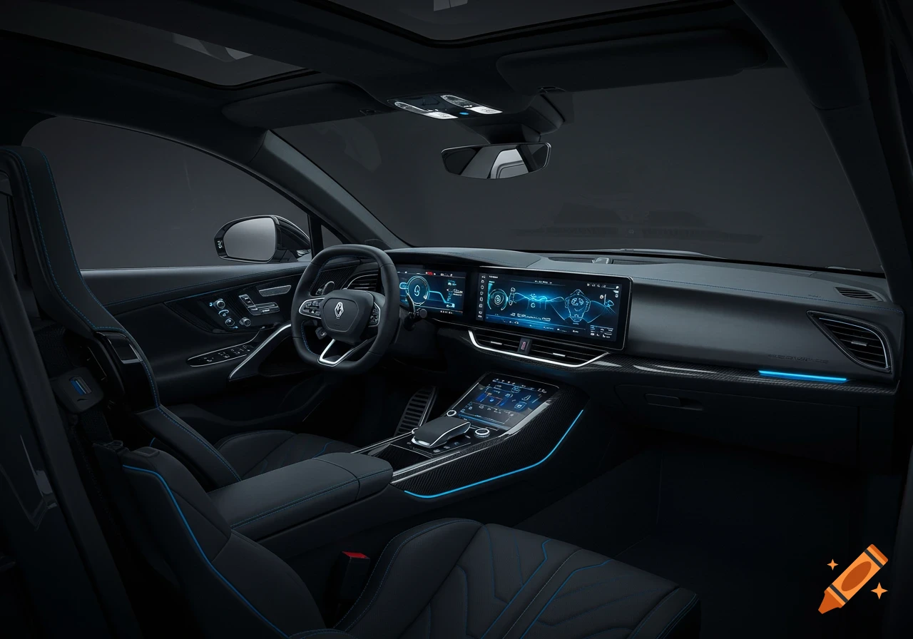 Photorealistic interior of a dark, futuristic SUV, featuring blue ambient lighting and large digital displays.