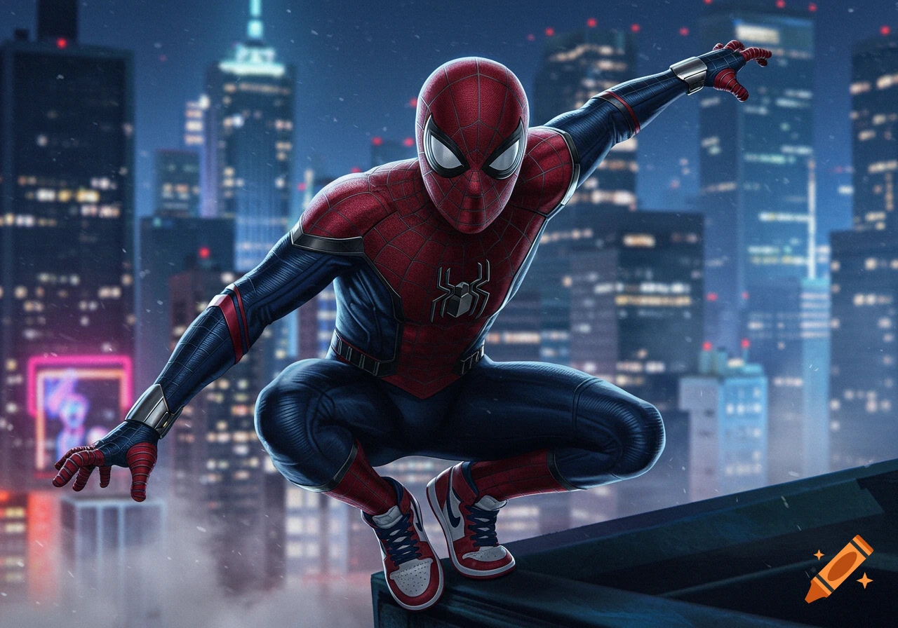 Spider-Man in a dark navy and maroon suit with Jordan 1s, crouching on a rooftop overlooking a city skyline at night.