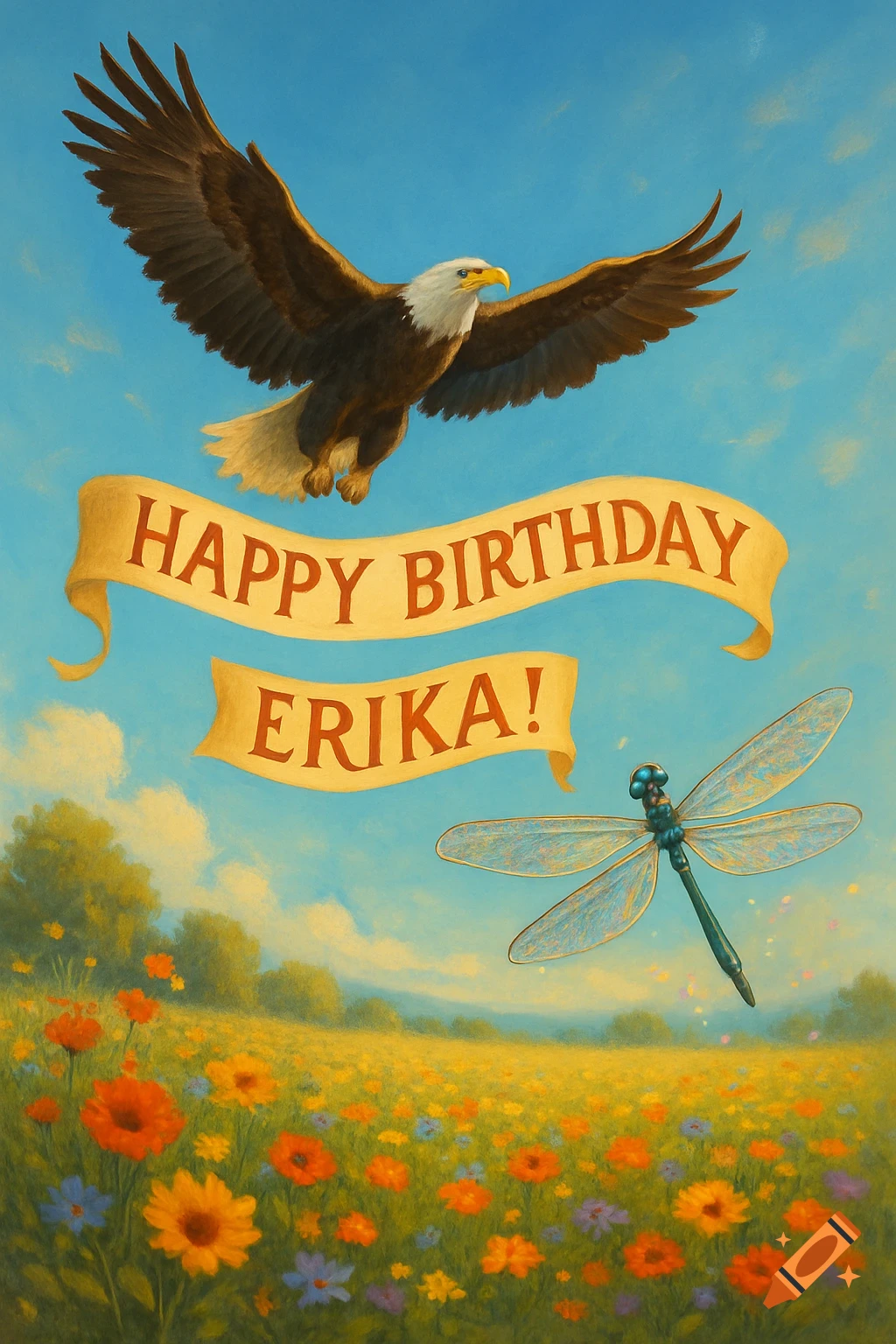 An eagle and dragonfly fly over a field of colorful flowers, holding a banner with 'Happy Birthday Erika!' in a painterly style.