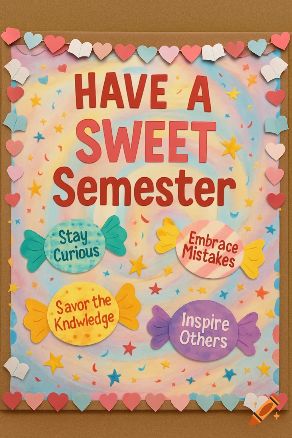 A colorful bulletin board featuring the text "HAVE A SWEET Semester" and four candy shapes with advice.