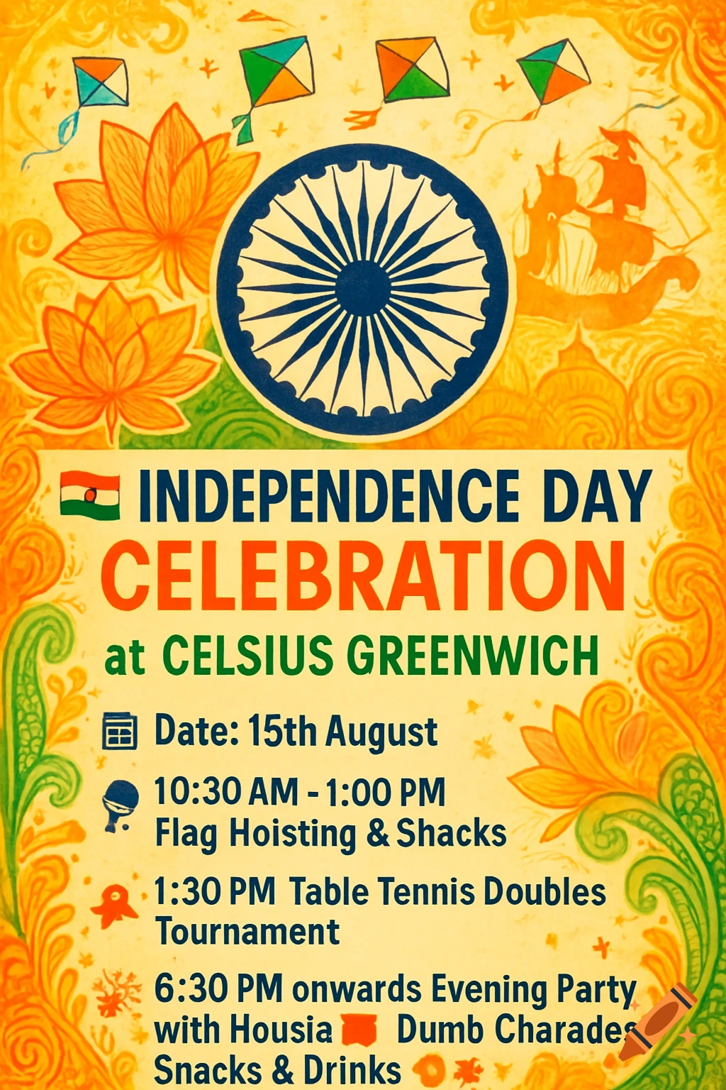 A vibrant, festive poster for India's Independence Day celebration, featuring the Ashoka Chakra, lotus flowers, and tricolor kites on a yellow and green background. Event details are clearly listed.