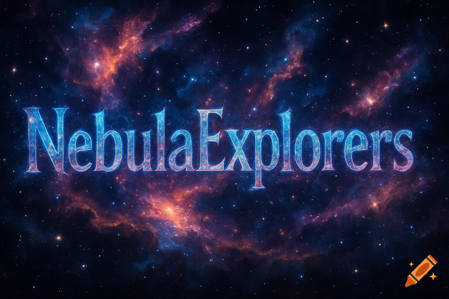 Glowing blue and purple text "NebulaExplorers" against a background of colorful cosmic nebulae and stars.