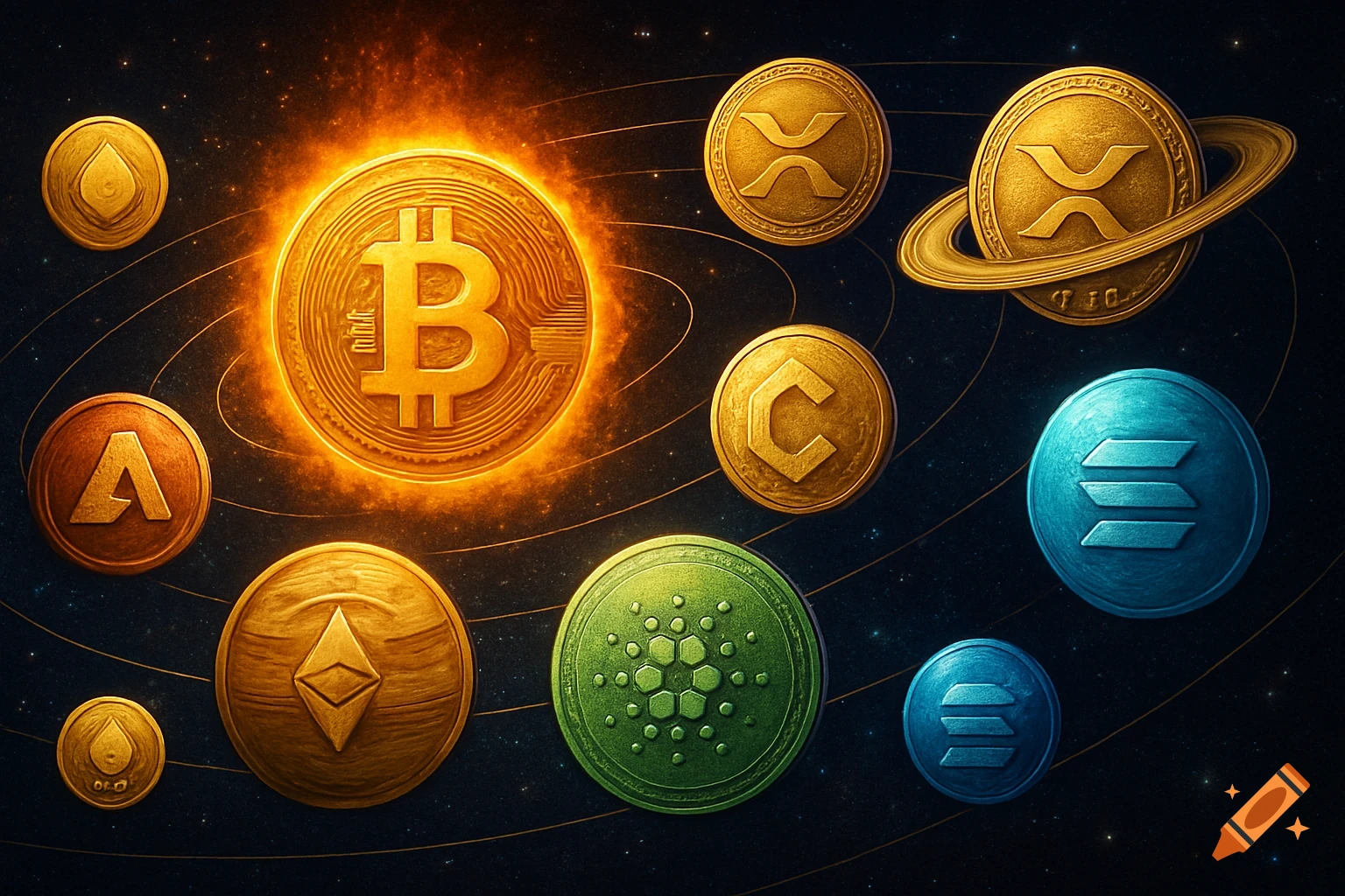 A stylized solar system with cryptocurrency coins as planets. Bitcoin is the sun, radiating light. Other coins like XRP, Solana, Ethereum, Cardano, and Avalanche orbit in space.
