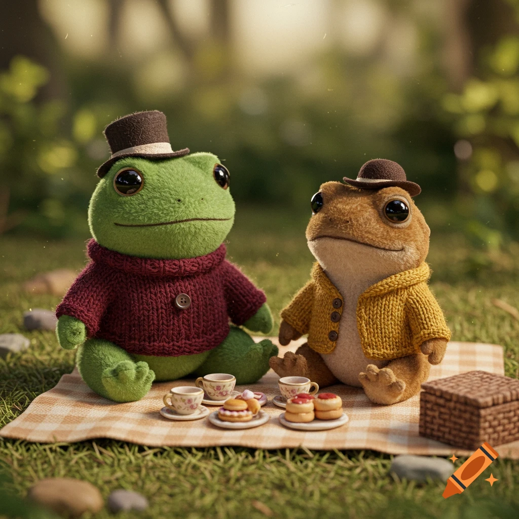 Two detailed plush frogs wearing tiny hats and sweaters sit on a checkered picnic blanket having a tea party outdoors.