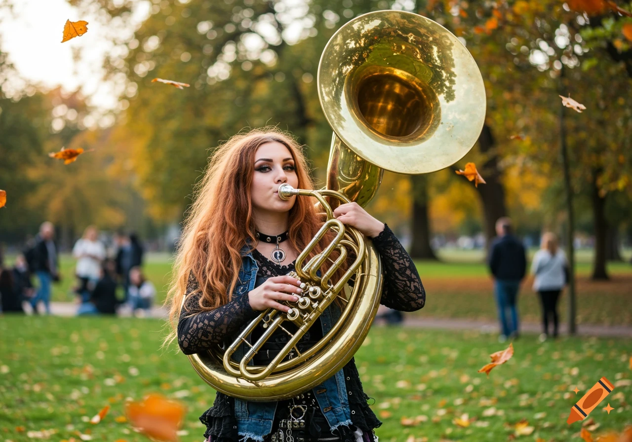 Young woman with long red hair playing a large tuba in an autumn park with falling leaves.