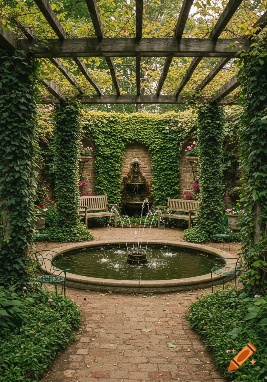 A lush garden courtyard features a central fountain, brick path, ivy-covered walls, and a pergola draped with greenery.