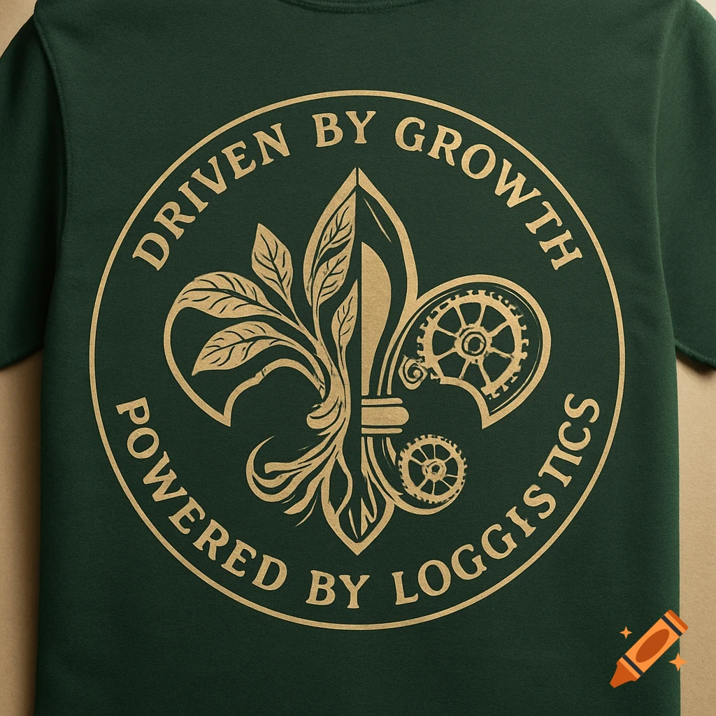 Dark green t-shirt with a gold circular logo featuring a plant and gear-themed Fleur de Lis. Text reads 'DRIVEN BY GROWTH POWERED BY LOGGISTICS'.