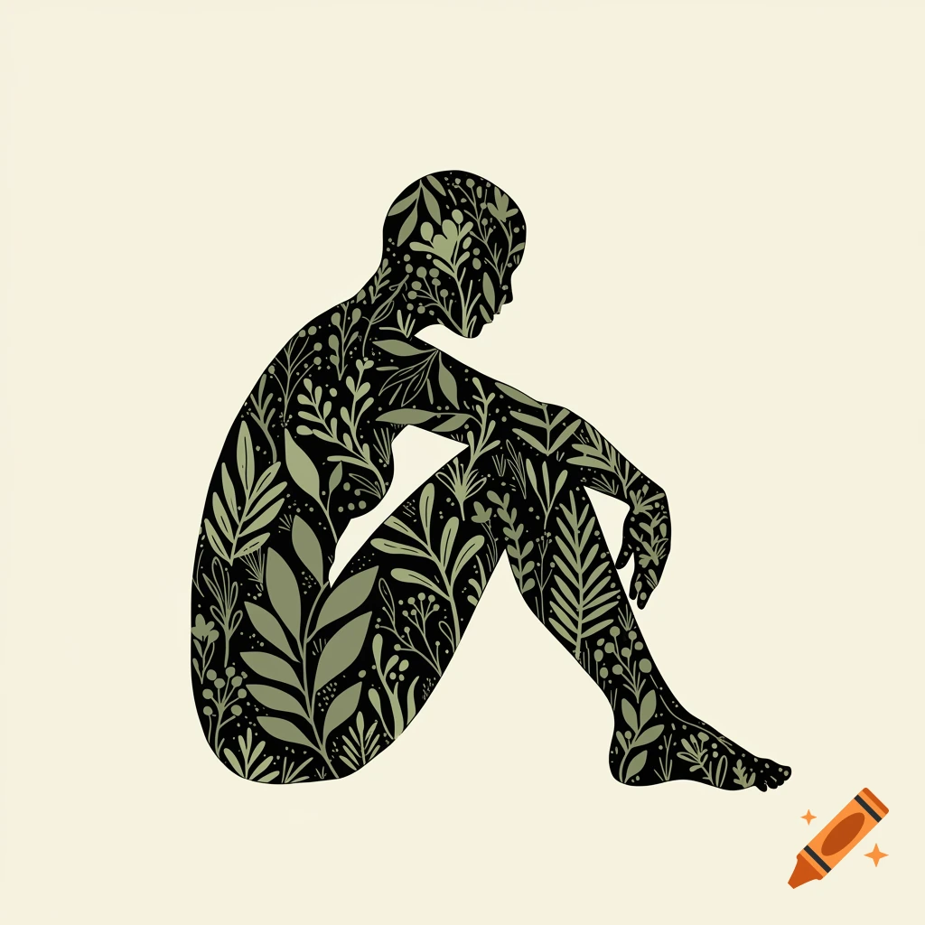 A minimalist silhouette of a figure sitting with elbows on knees, filled with green foliage patterns, on a cream background.