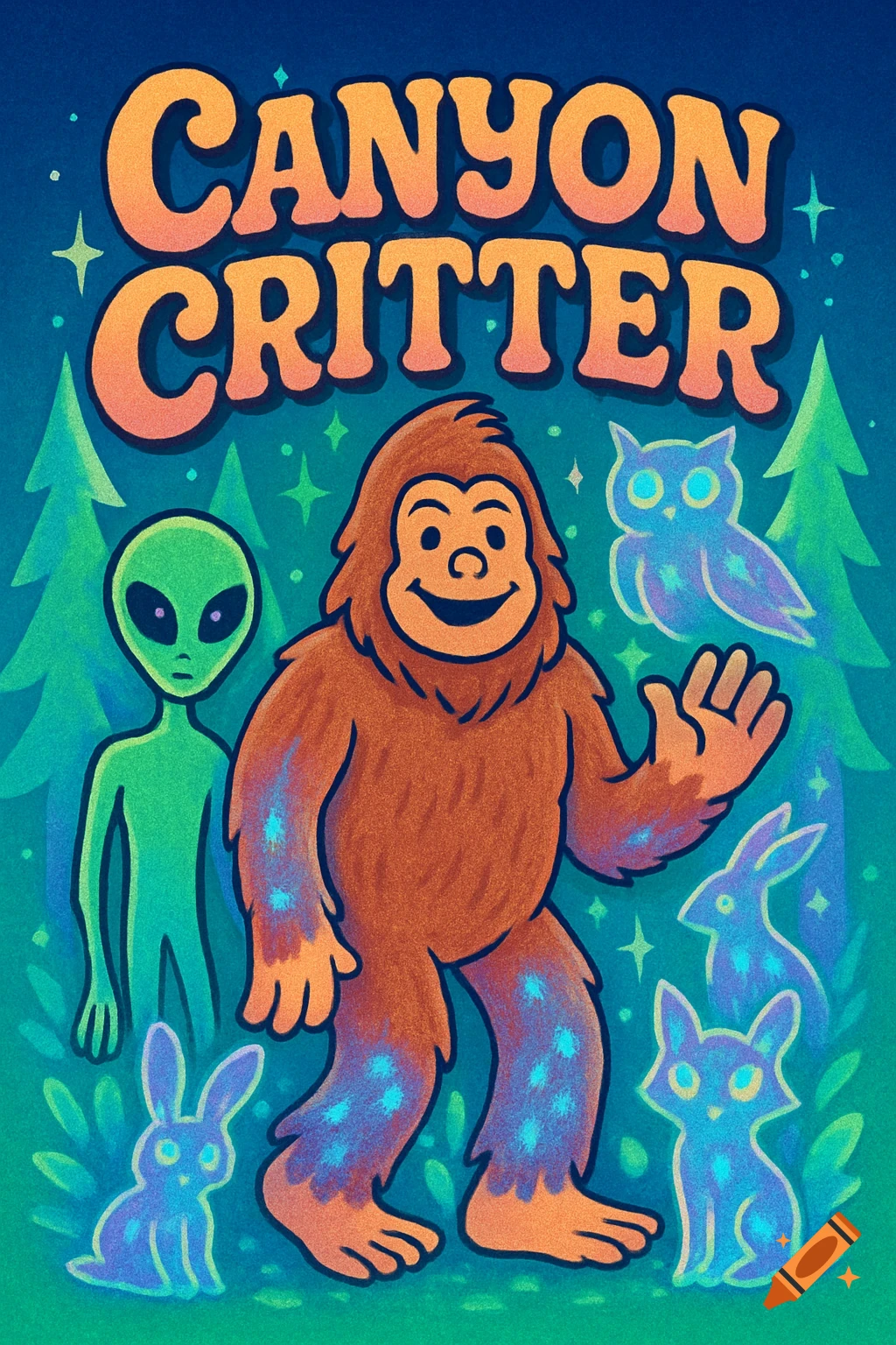 A whimsical, stylized illustration of a friendly Bigfoot, an alien, an owl, rabbits, and a fox-like creature under text that reads "CANYON CRITTER."