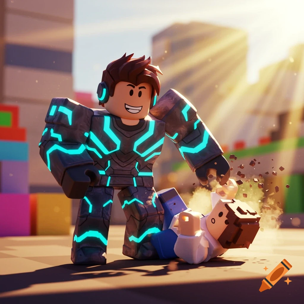 A 3D Roblox character in glowing armor stands over a defeated 'noob' character on the ground in a sunny, blocky city setting.