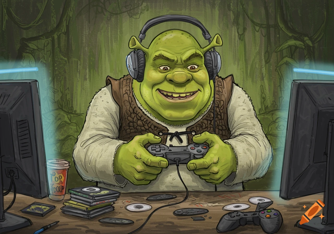 Shrek, the green ogre, wears headphones and smiles while playing video games with a controller at a desk with two monitors and game discs.