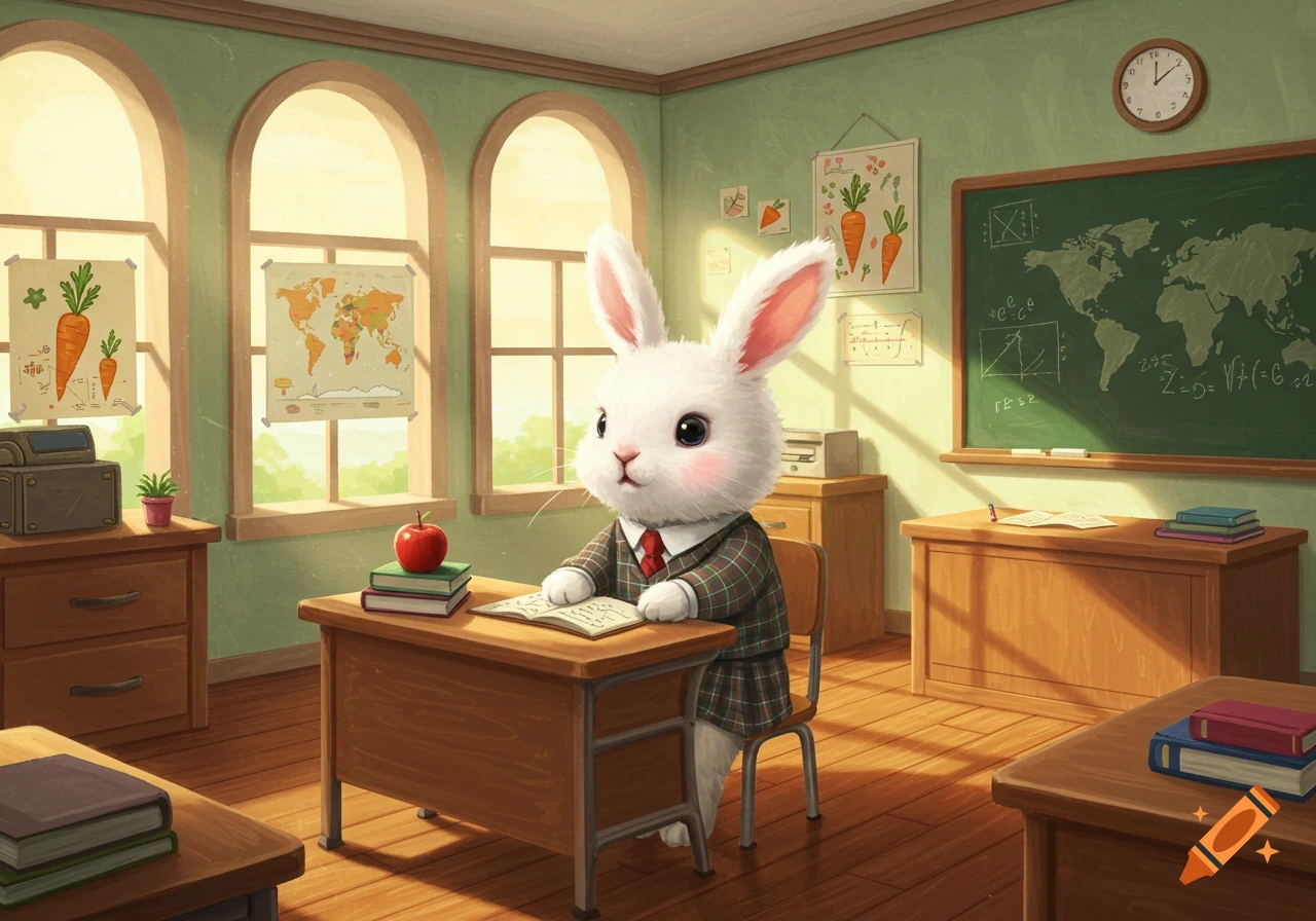 A cute white bunny wearing a plaid suit and red tie sits at a wooden desk in a sunny classroom, looking at an open book. There's an apple on a stack of books, posters, and a world map on a chalkboard.