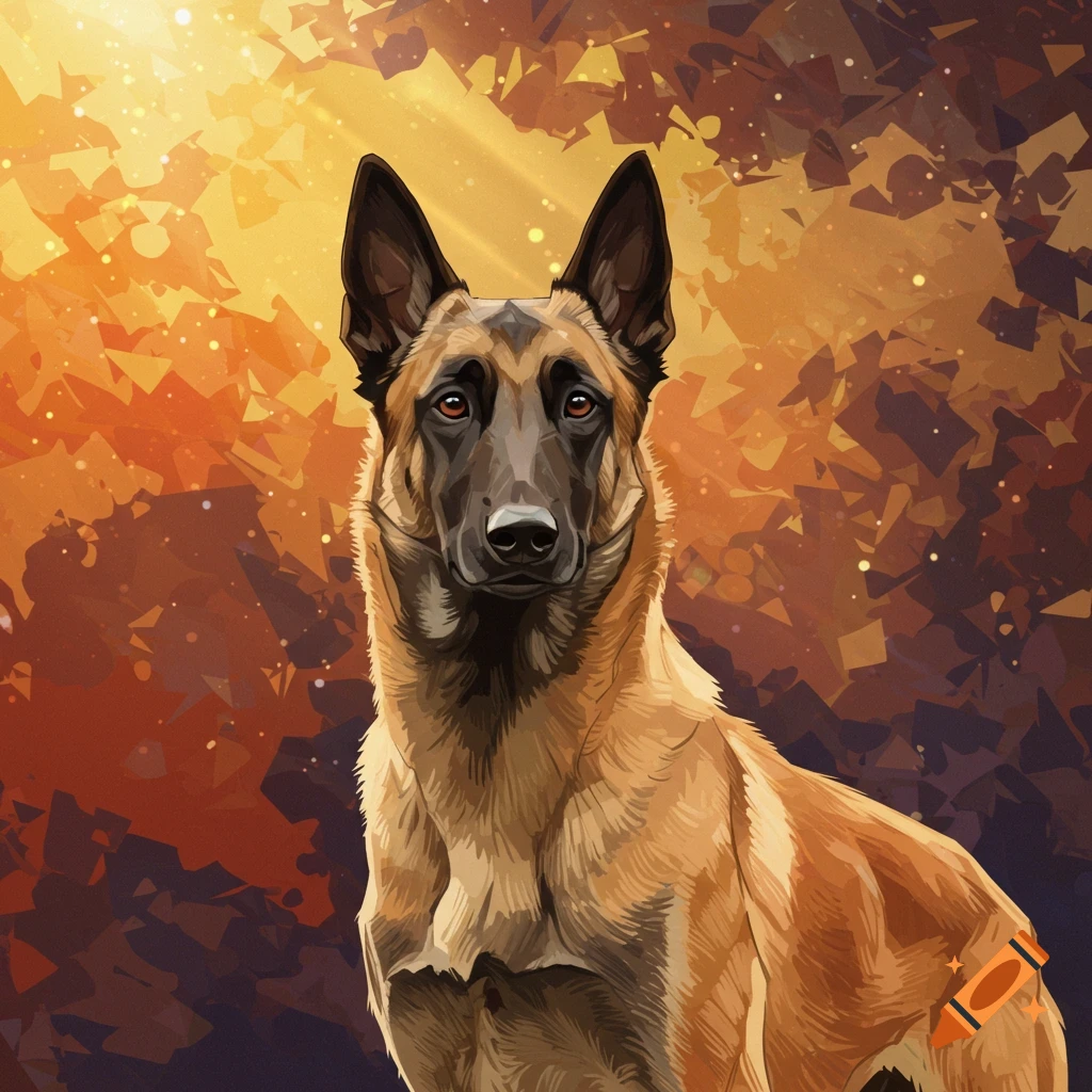 A detailed 2D digital art portrait of a Belgian Malinois dog looking forward, against a warm, abstract background.