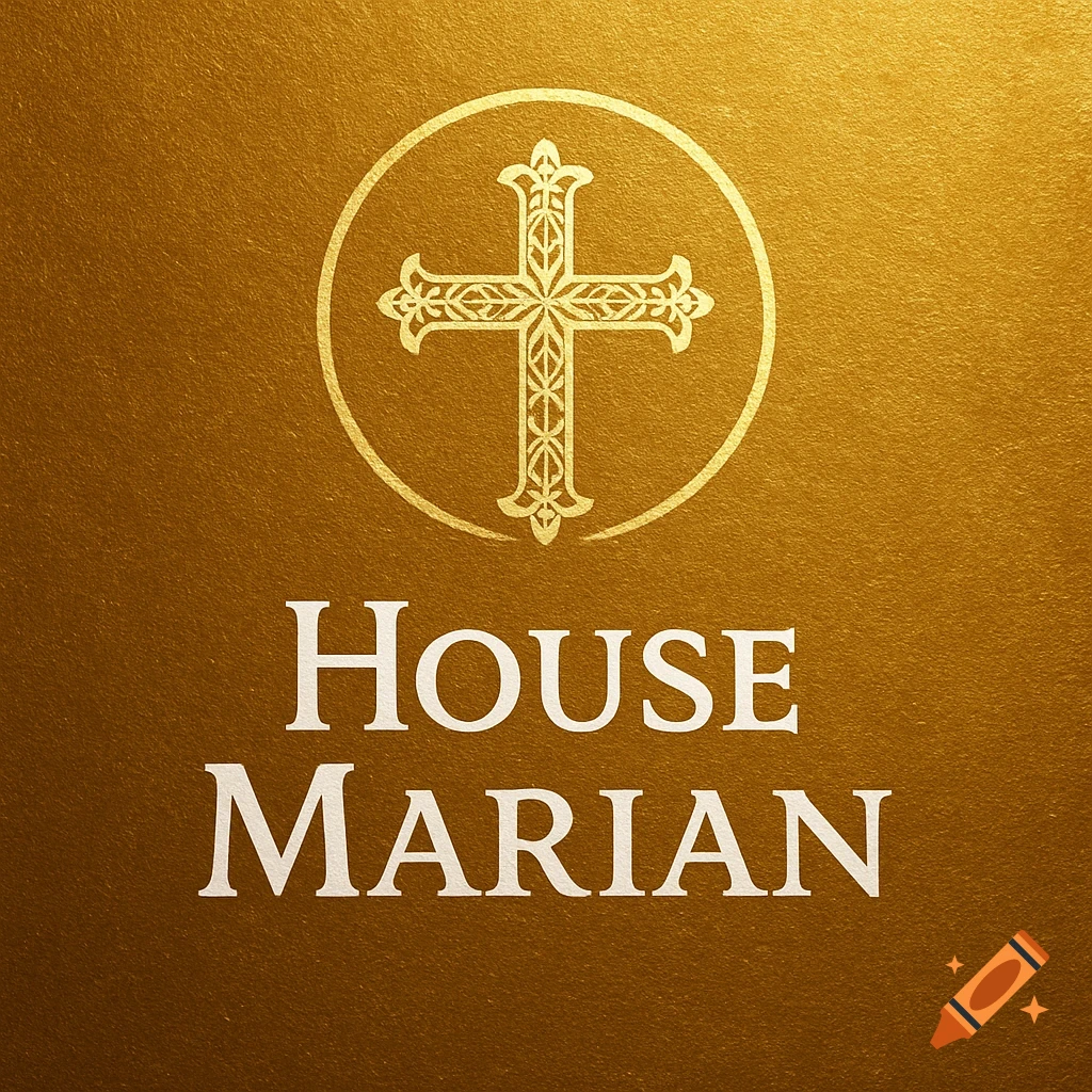 A golden background with a white ornate Marian cross in a circle and the words 'HOUSE MARIAN' below it.
