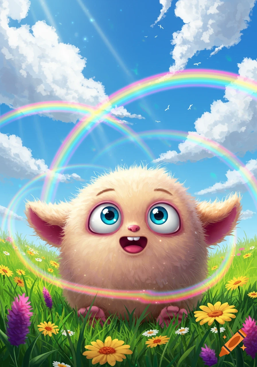 A cute, fluffy, beige creature with big blue eyes and pointy ears sits in a field of colorful flowers under a bright blue sky with multiple rainbows.