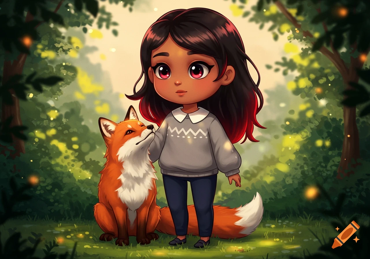 A cute anime girl with dark hair and red tips, wearing a gray sweater and navy blue pants, gently touches a fox in a vibrant forest.