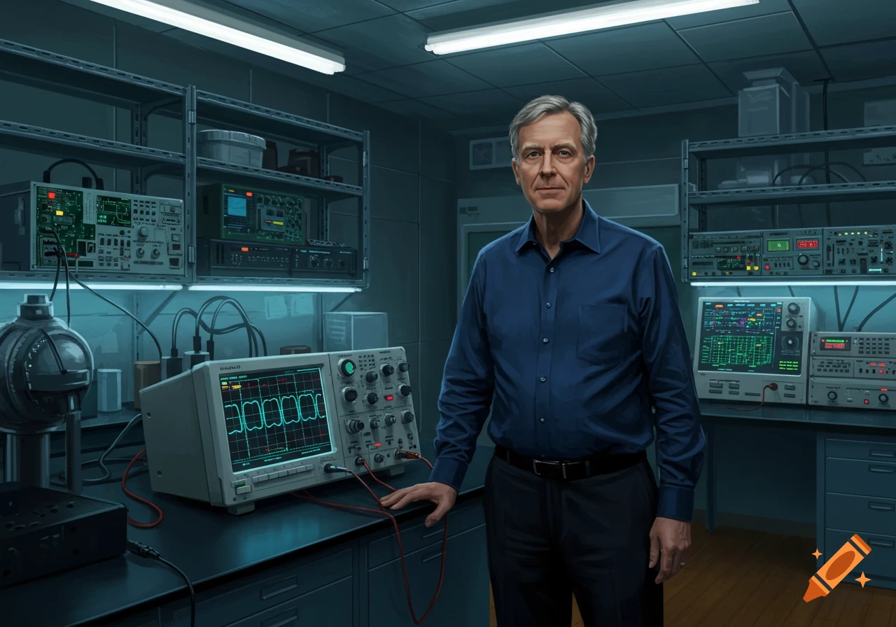 A middle-aged man stands in a science laboratory with an oscilloscope and other electronic equipment.