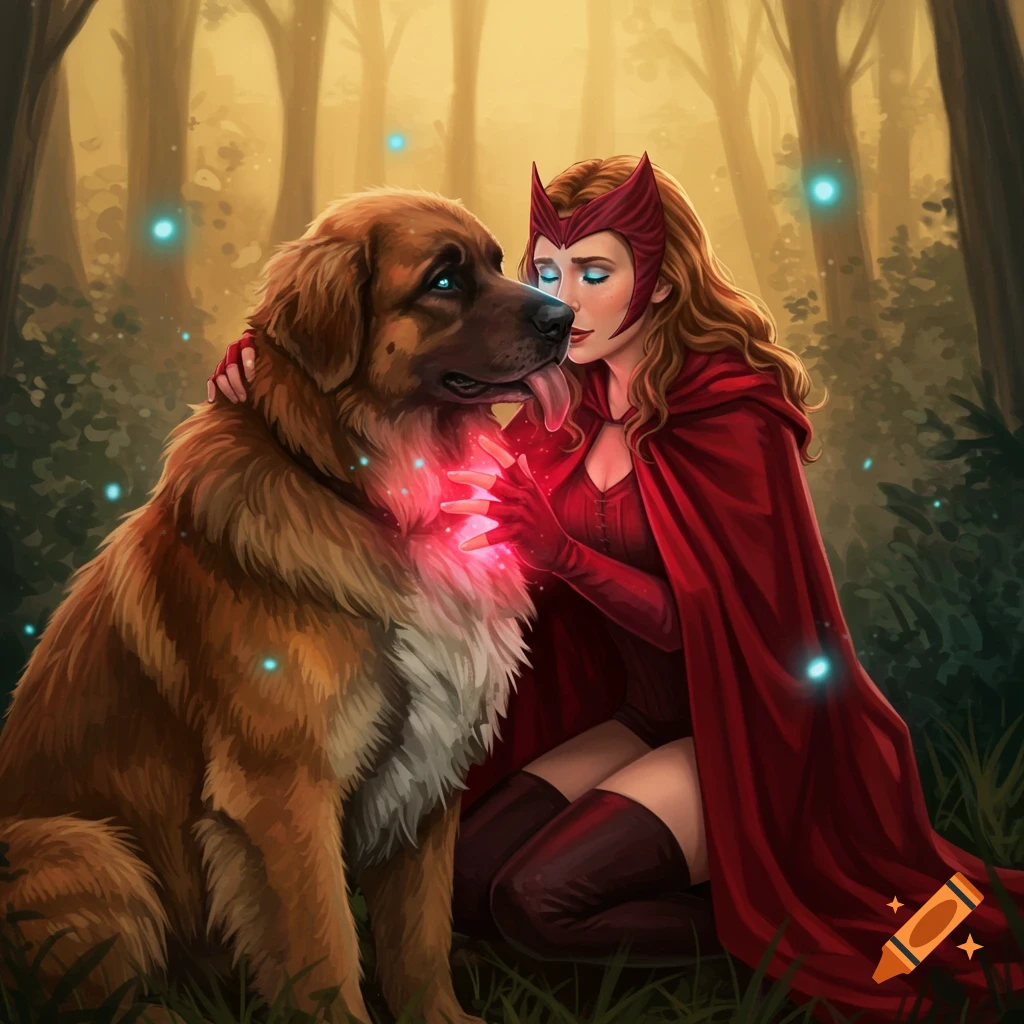 Illustrated fantasy art of Scarlet Witch with glowing hands hugging a Leonberger dog licking her face in a forest.