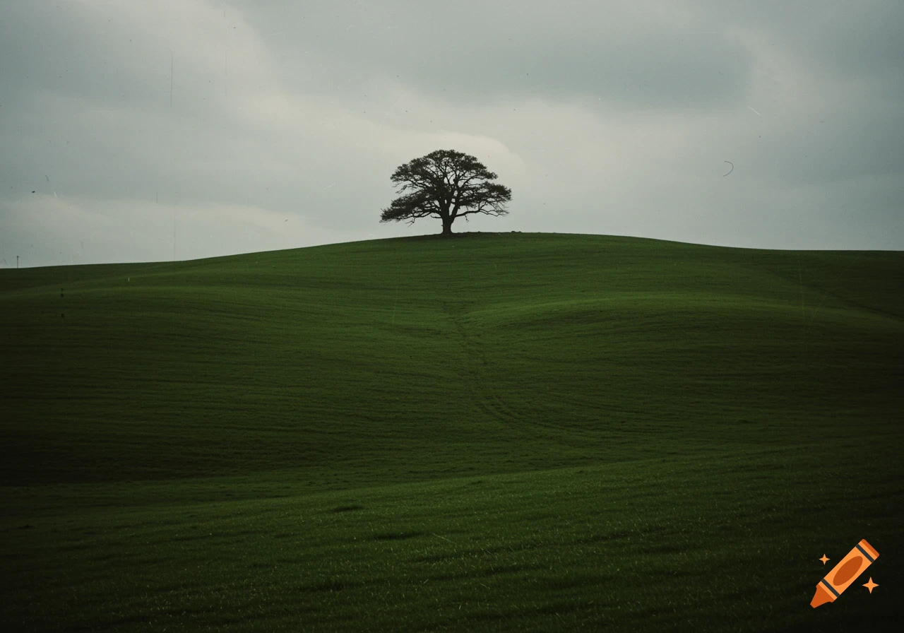 A solitary oak tree stands atop a rolling green hill under a cloudy sky, with a vintage film aesthetic.