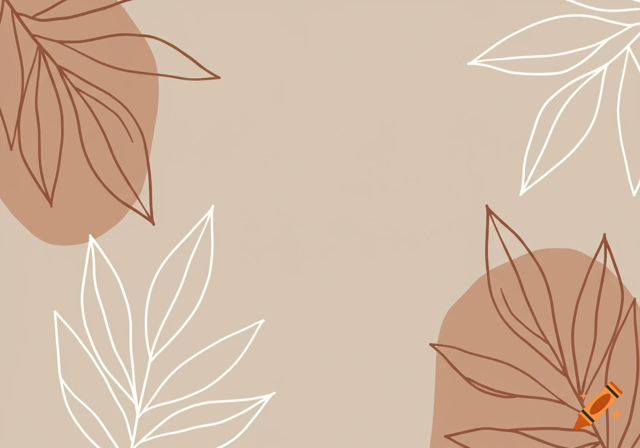 Minimalist art with abstract leaf outlines in white and muted brown against a beige background.