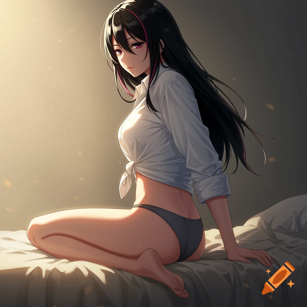 Anime woman with black hair and pink highlights wearing a tied white shirt and grey bikini bottoms sitting on a bed.