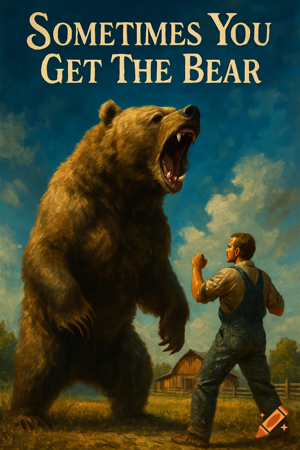 A giant roaring brown bear stands opposite a man with fists raised in a field with a barn. Text reads 'Sometimes You Get The Bear'.